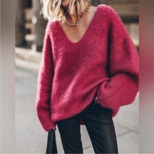 Mikuta Mohair Blend Sweater Large Womens The Pink Deep V Knitted Oversized Soft